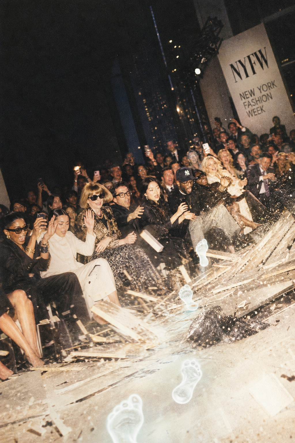 AI-generated satirical image: A grainy, flash-lit tabloid-style photograph shows a fashion-week runway mid-collapse with glowing translucent footprints trailing where models would normally walk, while a blurred crowd of audience members react in alarm in the background.. Not a real photograph. See Our Method.