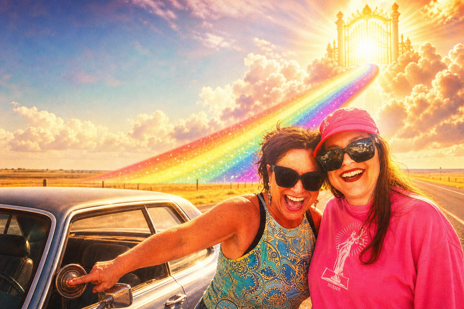 AI-generated satirical image: Two women stand beside their car on a rural highway, laughing and honking the horn, as the road behind them turns into a glowing rainbow bridge leading to a golden gate in the sky.. Not a real photograph. See Our Method.