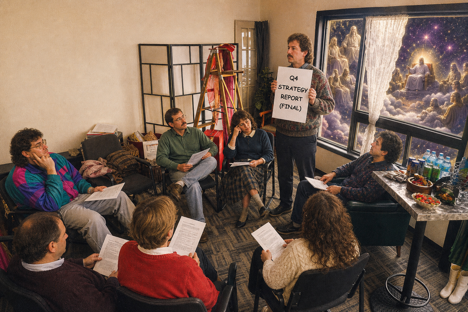 AI-generated satirical image: A photo of a suburban zoning committee meeting in a cluttered home office, where one member sheepishly holds up a report page printed in Comic Sans while a cosmic council of glowing deity figures is visible through the window behind them.. Not a real photograph. See Our Method.