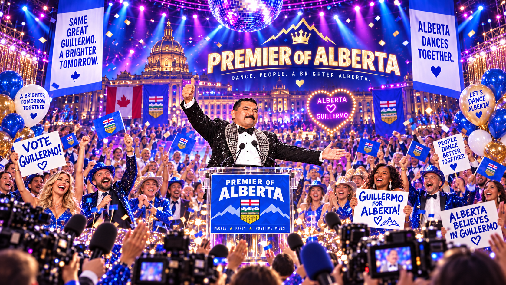 AI-generated satirical image: A man in a sequined tuxedo stands on a glittering dance-show stage wearing a ceremonial sash and holding a small trophy shaped like a legislature building, arms raised in celebration, with confetti falling and a judges' table visible nearby.. Not a real photograph. See Our Method.