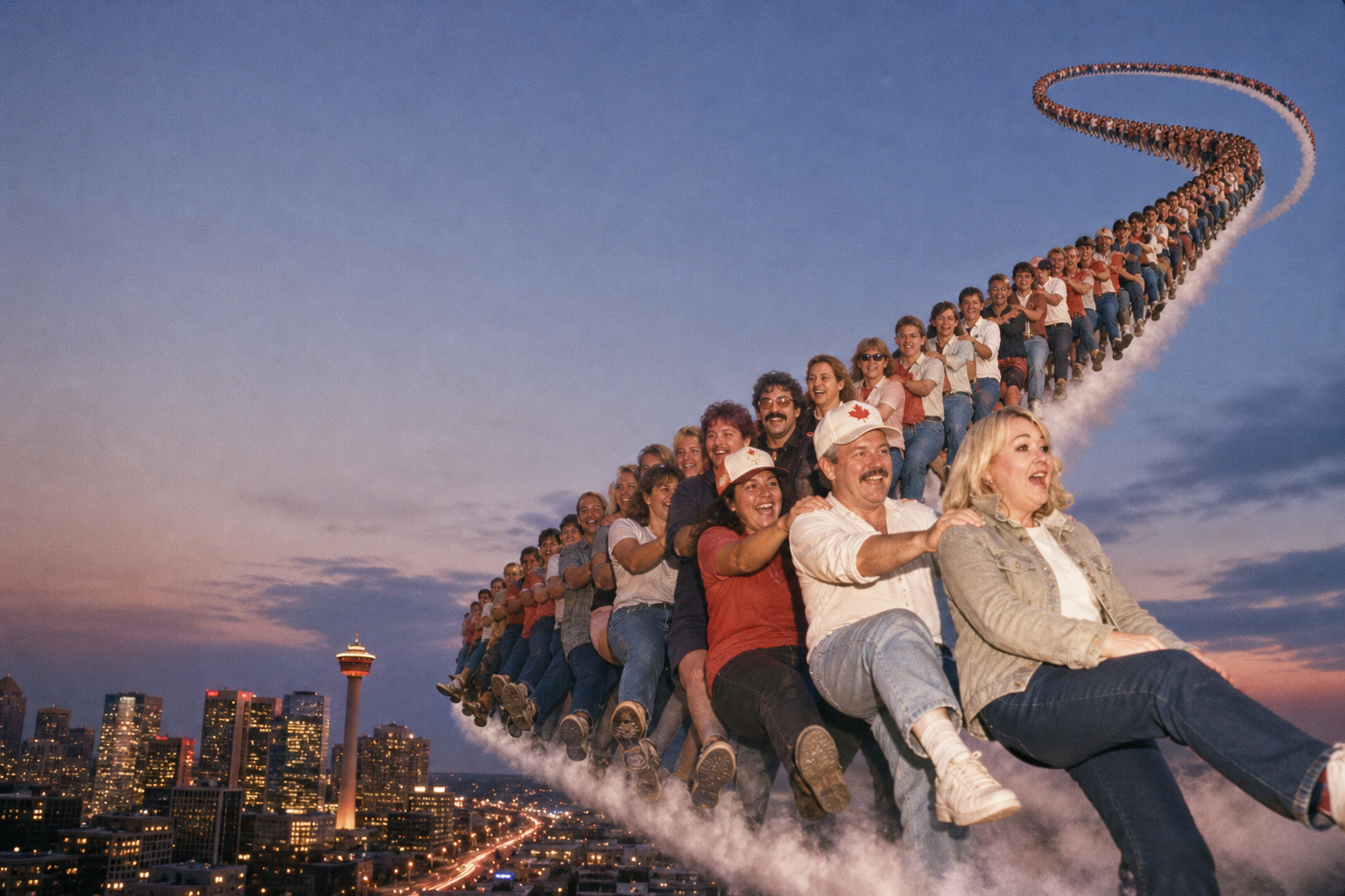 AI-generated satirical image: A photo-illustration shows a woman resembling Jann Arden leading a huge conga line of people that spirals upward into the sky above the Calgary skyline, styled as an overexposed 1980s tabloid photograph.. Not a real photograph. See Our Method.