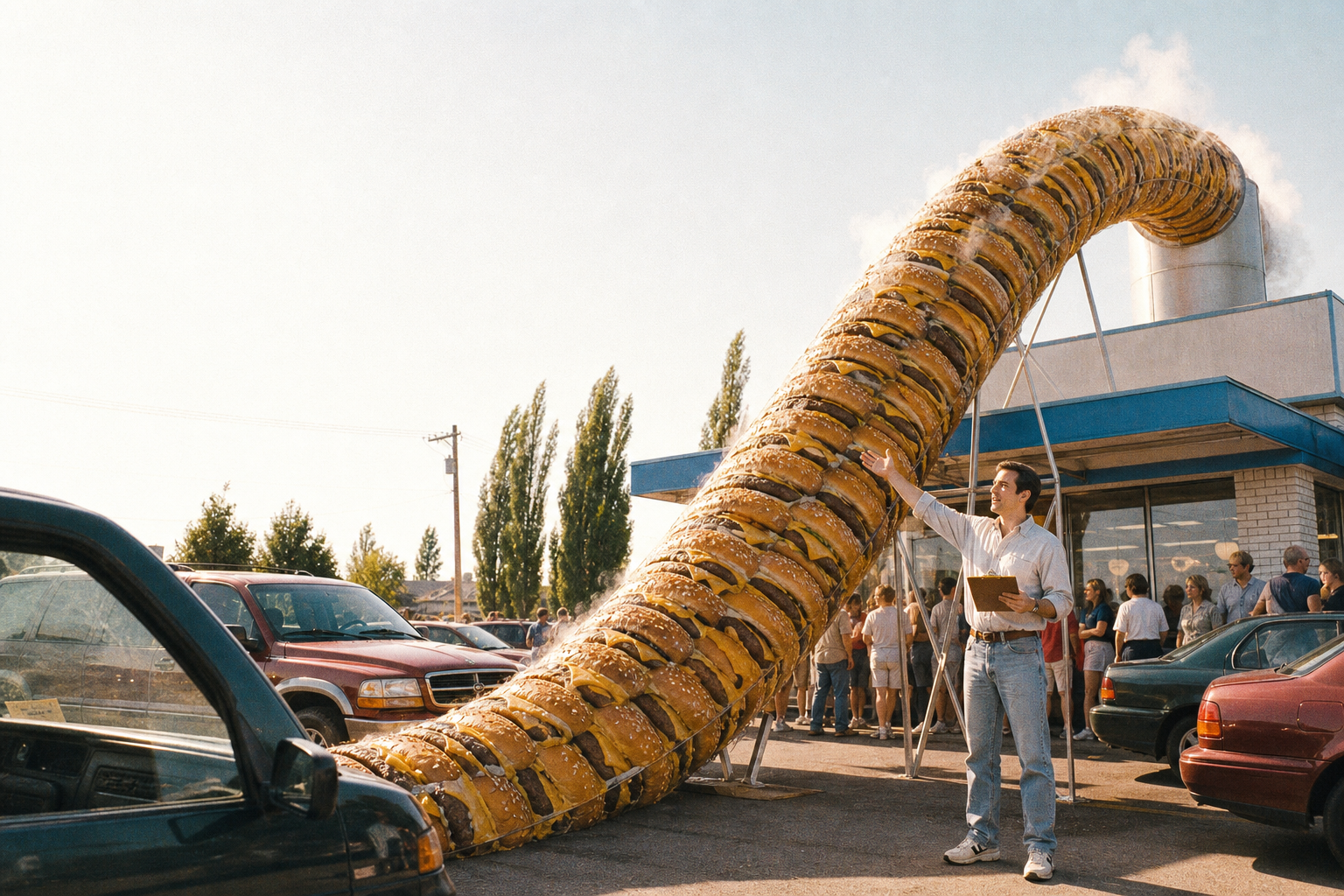 AI-generated satirical image: A tabloid-style photo of a drive-in restaurant with a giant tube made of stacked cheeseburgers extending from its roof into the parking lot, next to a calm man with a clipboard inspecting it while customers queue nearby.. Not a real photograph. See Our Method.