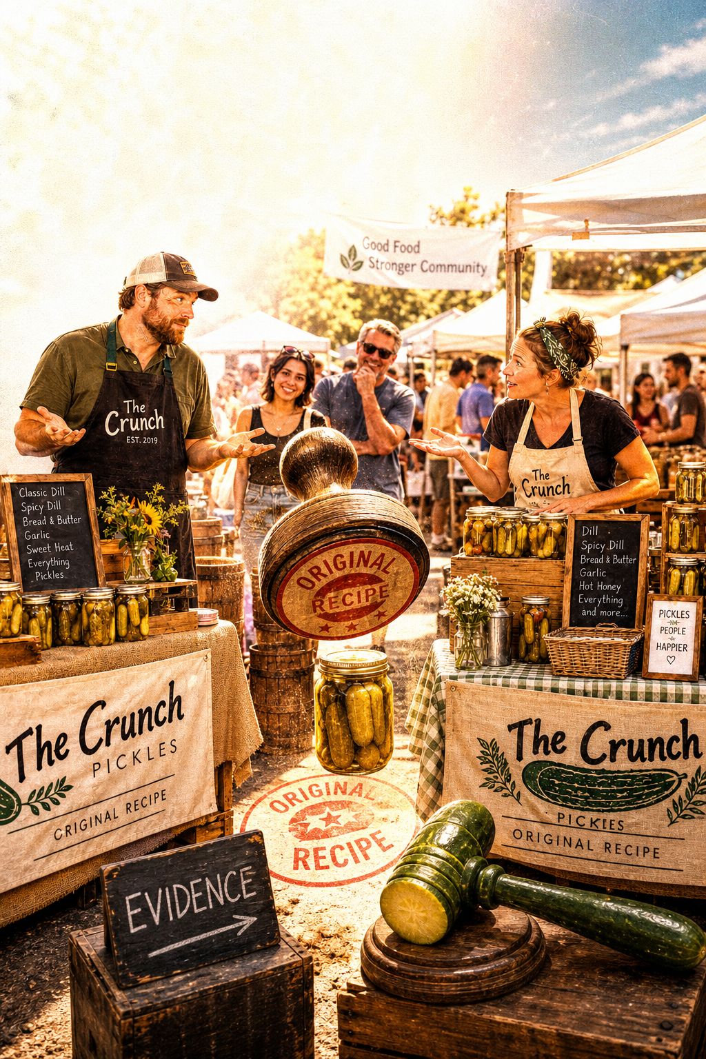 AI-generated satirical image: A staged photo shows two farmer's-market pickle vendors in matching aprons facing off across a market aisle, with an oversized novelty trademark stamp and a cucumber-shaped gavel placed between their stalls as a comedic visual joke about a trademark dispute.. Not a real photograph. See Our Method.
