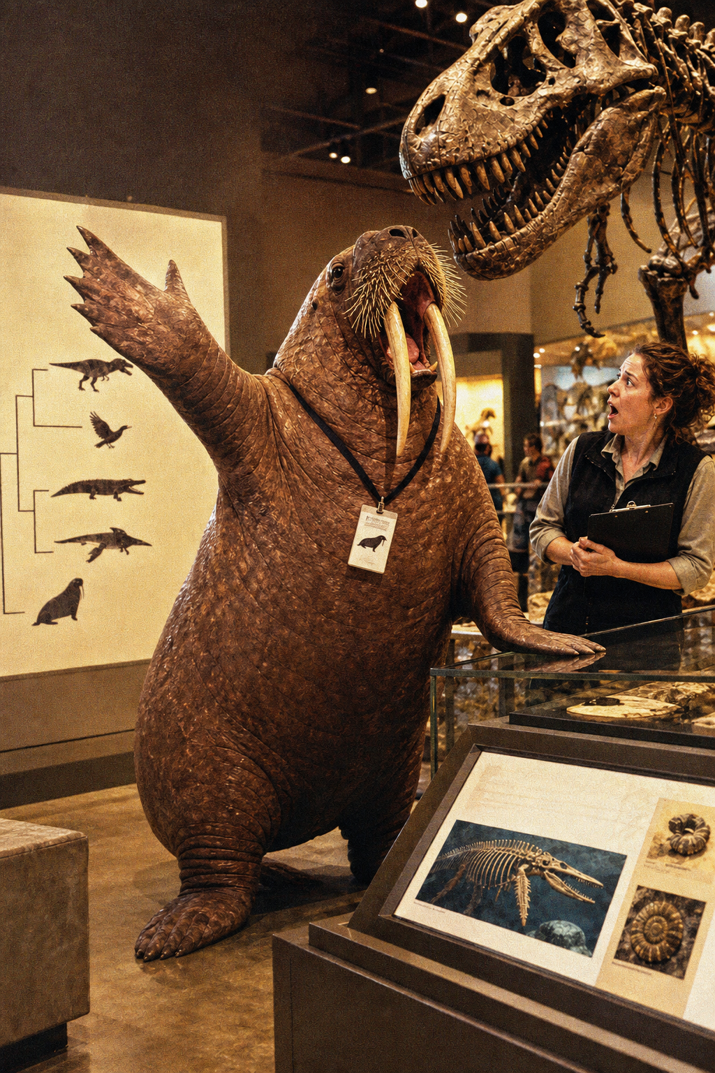 AI-generated satirical image: A large walrus stands upright in a dinosaur museum hall, gesturing angrily toward an evolutionary chart while a museum employee looks on, photographed in the style of an overexposed 1980s tabloid flash photo.. Not a real photograph. See Our Method.